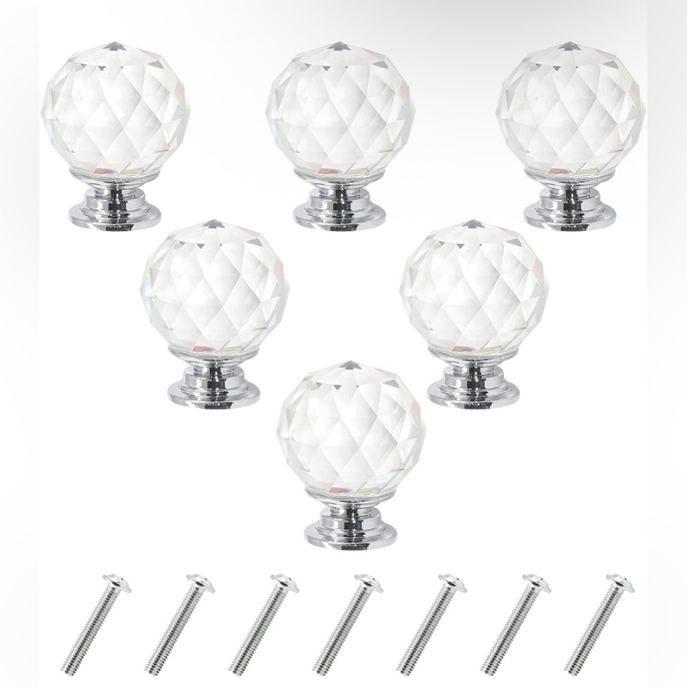 6 Pcs Round Diamond Crystal Knobs 1.5  Inch Clear